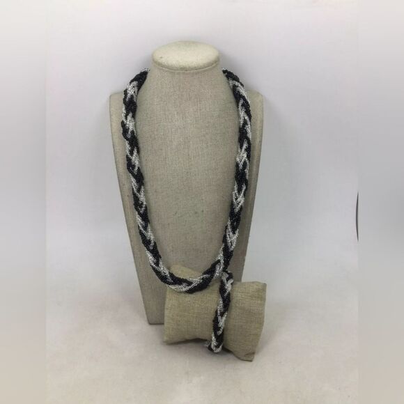 NWT Trifari Black & Clear Beads Braided Necklace/Bracelet Set 22" Necklace 7" B - Picture 2 of 4